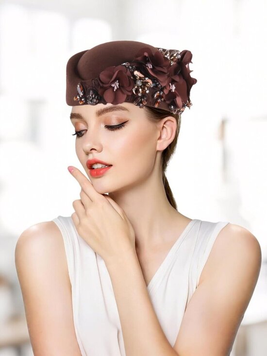 Women\'s British Felt hat Church Derby Headdress Floral Beret hat Brown main image 4